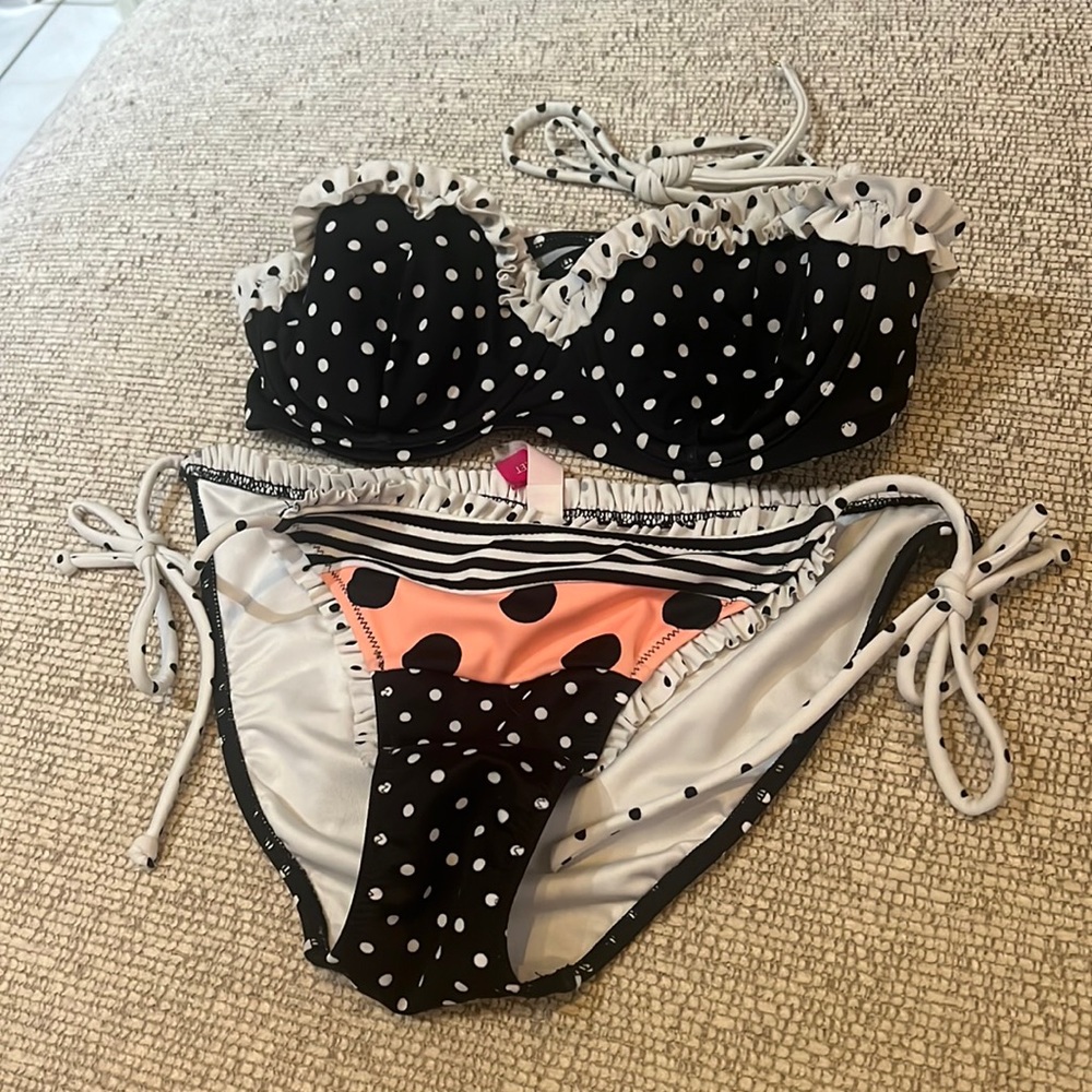 Strapless black and white polka bikini set EUC